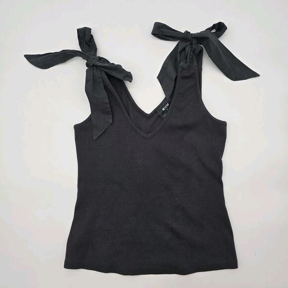 Anthropologie Top Womens Small Black Tank Bow Tie Shoulder Ribbed Maeve - Picture 1 of 12